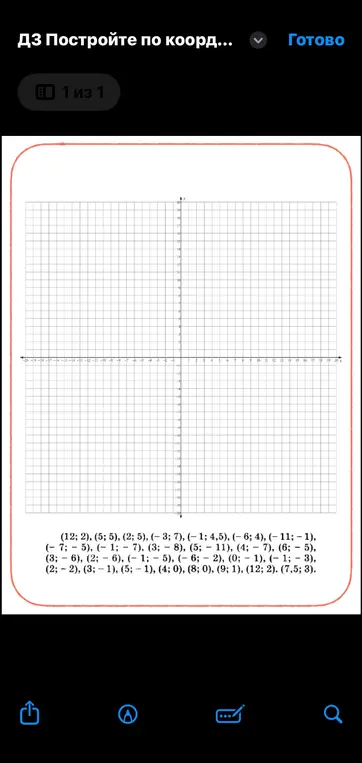 Построй точки по координатам: (12; 2), (5; 5), (2; 5), (-3; 7), (-1; 4,5), (-6; 4), (-11; -1), (-7; 5), (-1; 7), (3; 8), (5; -11), (4; -7), (6; -5), (3; -6), (2; -6), (-1; -5), (-6; -2), (0;-1), (-1; -3), (2;-2), (3;-1), (5; -1), (4; 0), (8; 0), (9; 1), (12; 2), (7,5; 3).