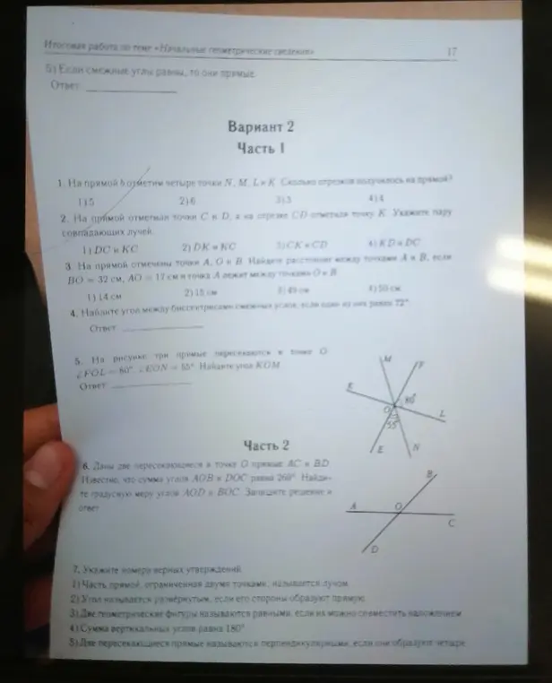 Реши задачи по геометрии из варианта 2: найди количество отрезков на прямой, определи пару совпадающих лучей, вычисли расстояние между точками, углы между биссектрисами, градусные меры углов и укажи номера верных утверждений.