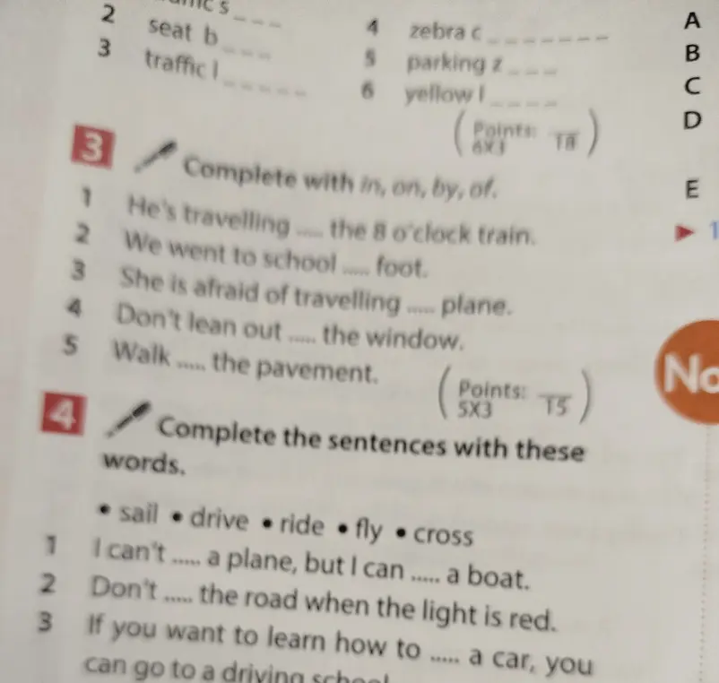 Выполни упражнения, вставь предлоги in, on, by, of и выбери слова sail, drive, ride, fly, cross, чтобы дополнить предложения.