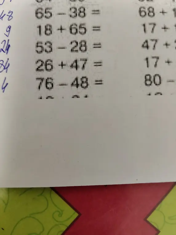 Реши примеры: 65-38=, 18+65=, 53-28=, 26+47=, 76-48=