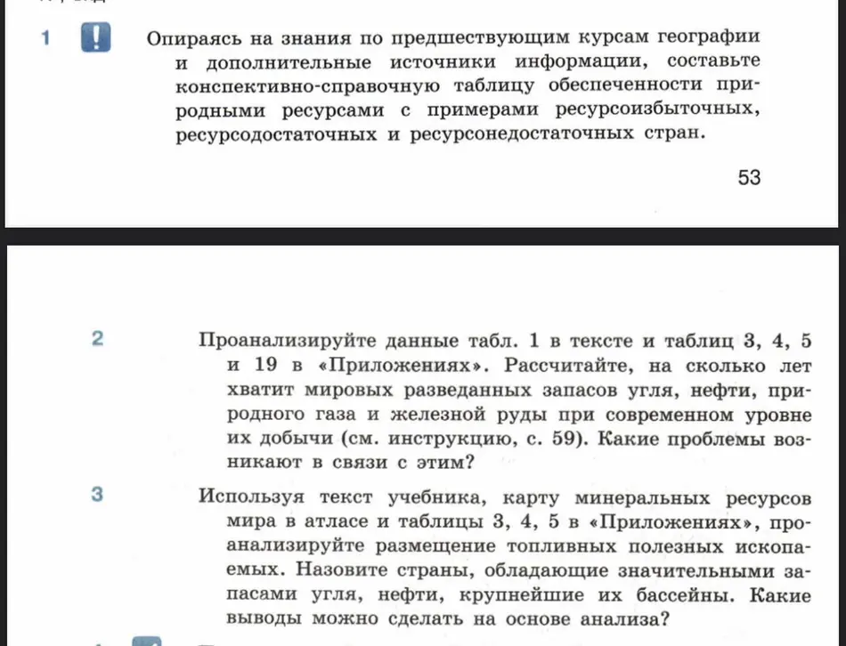 Составь таблицу обеспеченности природными ресурсами, проанализируй данные таблиц и размещение топливных ископаемых.