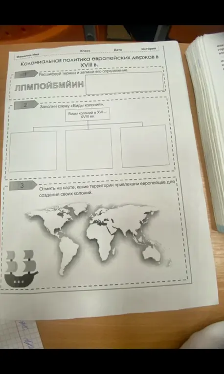 Расшифруй термин ЛПМПОЙБМЙИН и запиши его определение, заполни схему «Виды колоний», отметь на карте, какие территории привлекали европейцев для создания своих колоний.