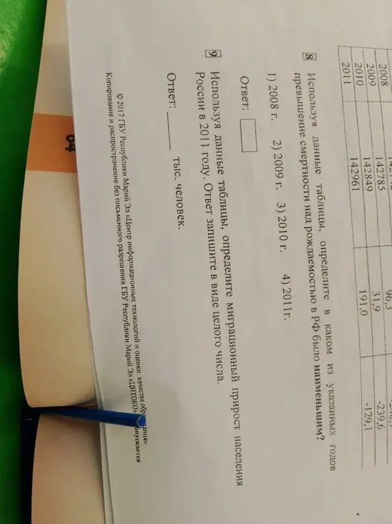 Используя данные таблицы, определи в каком из указанных годов превышение смертности над рождаемостью в РФ было наименьшим и определи миграционный прирост населения России в 2011 году.