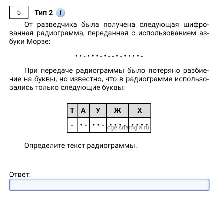 Реши задачу по информатике: расшифруй радиограмму, переданную азбукой Морзе.