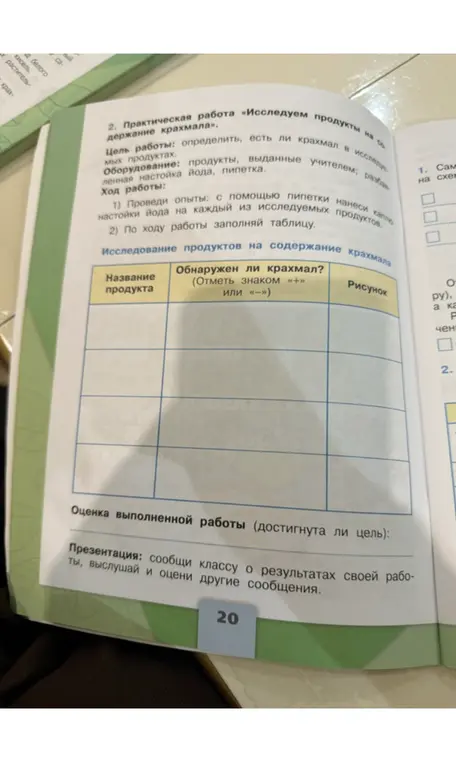 Проведи практическую работу "Исследуем продукты на содержание крахмала" и заполни таблицу.