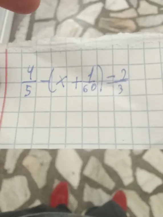 Найди x в уравнении \frac{4}{5} - (x + \frac{1}{60}) = \frac{2}{3}