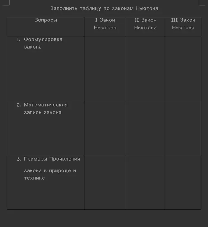 Заполни таблицу по законам Ньютона