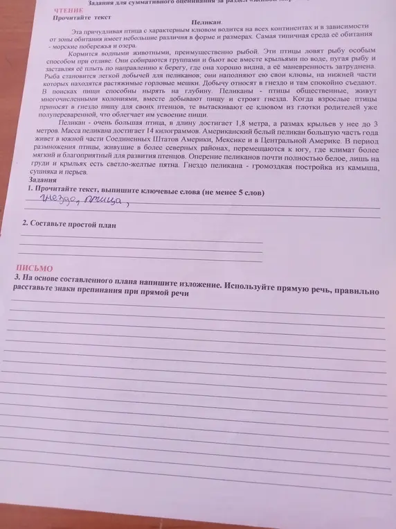 Прочитай текст, выпиши ключевые слова (не менее 5 слов), составь простой план и напиши изложение с прямой речью.