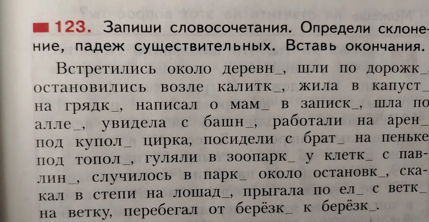 Запиши словосочетания, определи склонение и падеж существительных, вставь окончания.