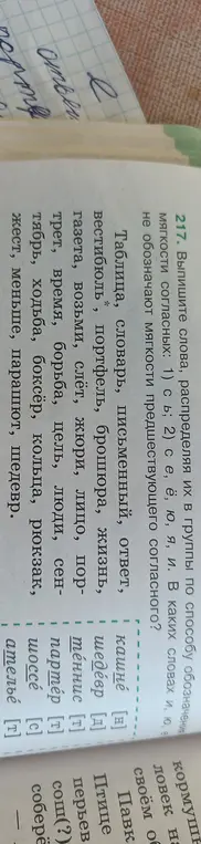 Выпиши слова, распределяя их в группы по способу обозначения мягкости согласных.