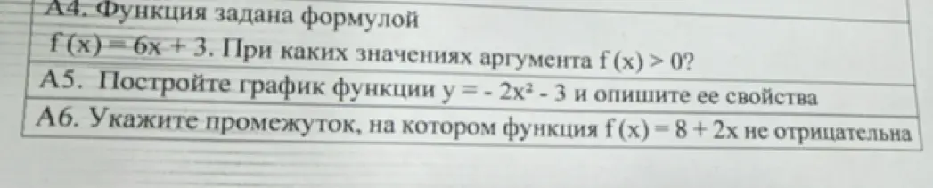 Реши неравенство f(x) = 6x + 3 > 0, построй график функции у = - 2x² - 3 и опиши ее свойства, укажи промежуток, на котором функция f(x) = 8 + 2x неотрицательна.
