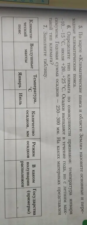 Определи тип климата по совокупности признаков: температура января -10...-15 °С, июля +20...+25 °С. Осадки выпадают в течение года, но с летним максимумом. Годовая сумма осадков 250-300 мм. Заполни таблицу.