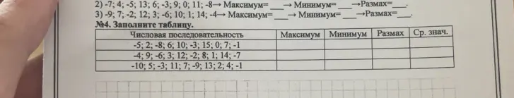 Заполни таблицу, вычислив максимум, минимум, размах и среднее значение для каждой числовой последовательности.
