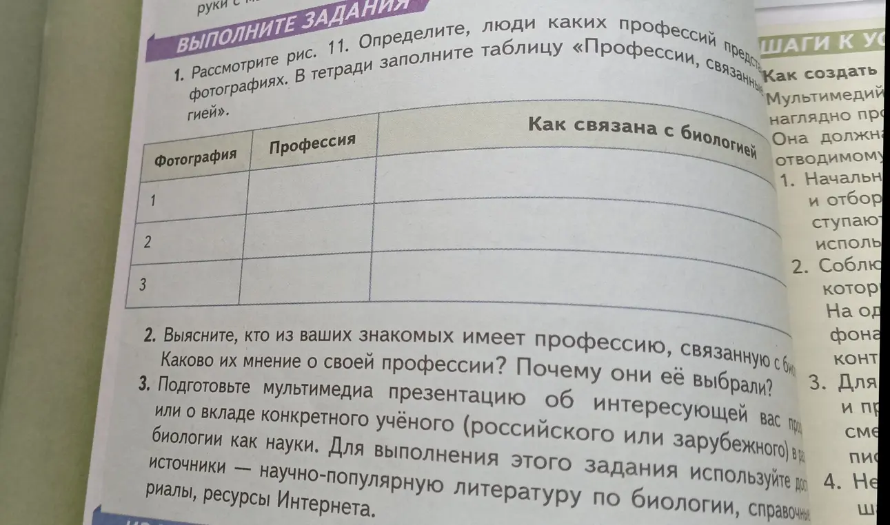 Рассмотри рисунок 11. Определи, люди каких профессий представлены на фотографиях. В тетради заполни таблицу «Профессии, связанные с биологией».