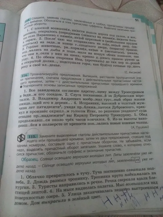 Проанализируй предложения и выпиши, расставляя пропущенные знаки препинания, сначала предложения с действительными причастиями настоящего времени, затем с действительными причастиями прошедшего времени. Подчеркни основы записанных предложений.