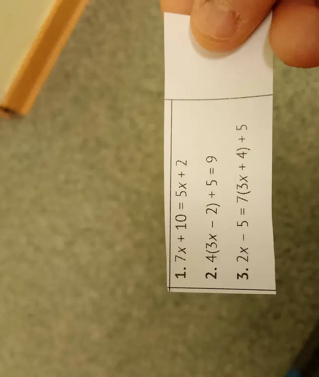Реши уравнения: 1. 7x + 10 = 5x + 2, 2. 4(3x - 2) + 5 = 9, 3. 2x - 5 = 7(3x + 4) + 5