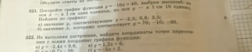 Построй график функции y = -10x+40, выбрав масштаб: по оси x – в 1 см одна единица, по оси y – в 1 см 10 единиц. Найди по графику значение y, соответствующее x=-2,5