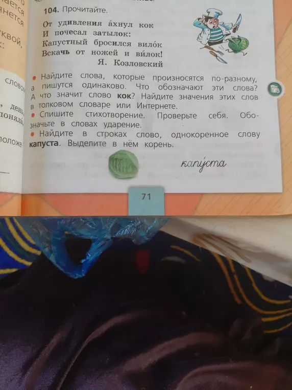 Найди слова, которые произносятся по-разному, но пишутся одинаково, спиши стихотворение, найди в строках однокоренное слово слову "капуста".