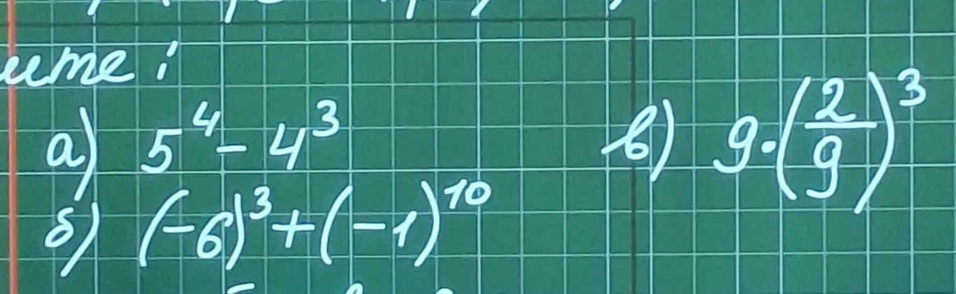 Вычисли значения выражений: a) 5^4-4^3, б) (-6)^3+(-1)^10, в) 9*(2/9)^3