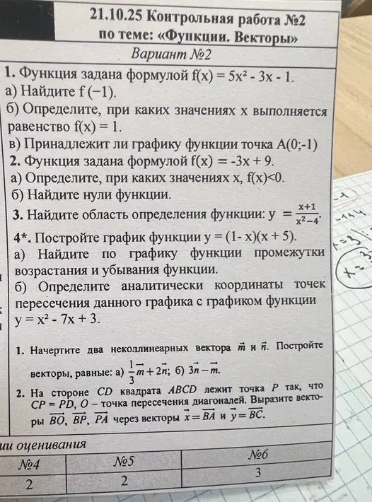 Найди f(-1), определи значения x при f(x) = 1, проверь принадлежность точки графику, определи значения x при f(x) < 0, найди нули функции, область определения, построй график, определи точки пересечения, построй векторы и вырази векторы через другие.