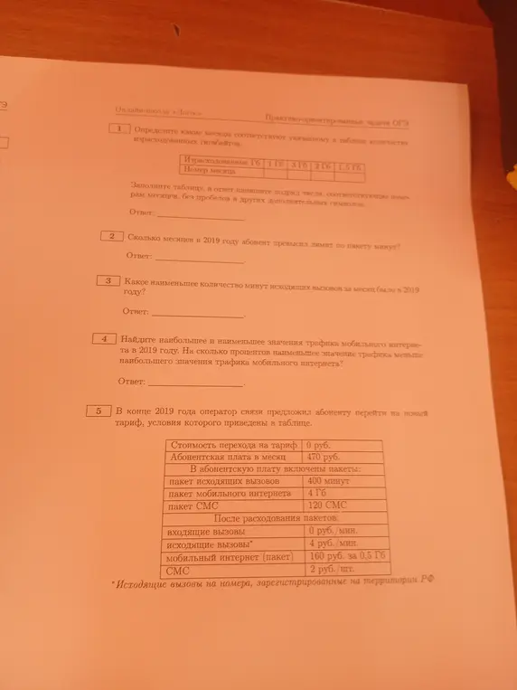 Определи месяцы, соответствующие указанным количествам израсходованных гигабайтов; посчитай, сколько месяцев абонент превышал лимит минут; найди наименьшее количество минут вызовов; найди, на сколько процентов наименьшее значение графика интернета меньше наибольшего; определи, выгодно ли перейти на новый тариф.
