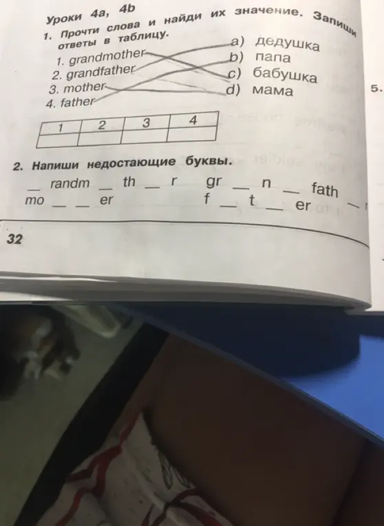 Прочти слова и найди их значение. Запиши ответы в таблицу. Напиши недостающие буквы.