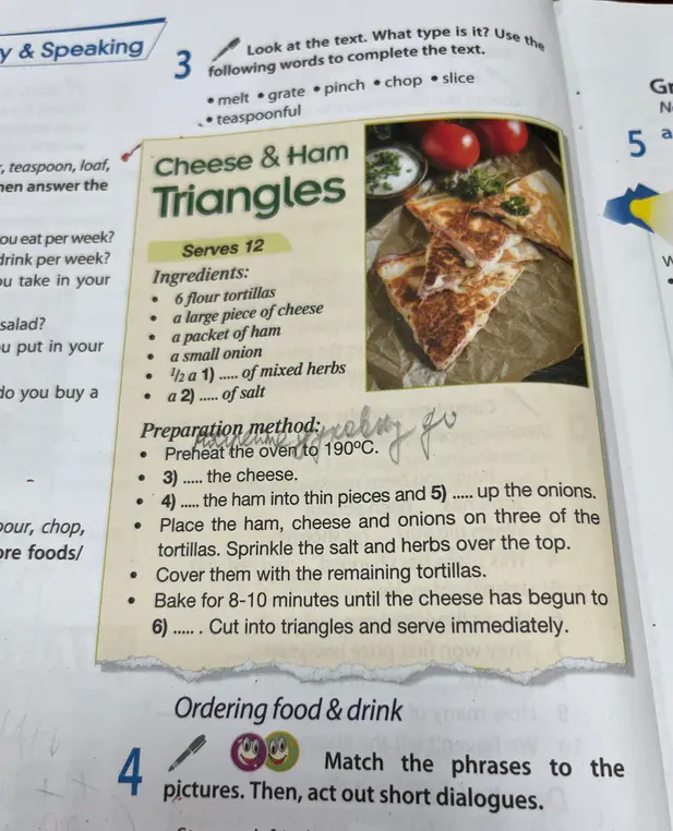 Заполни пропуски словами melt, grate, pinch, chop, slice, teaspoonful в тексте про Cheese & Ham Triangles.