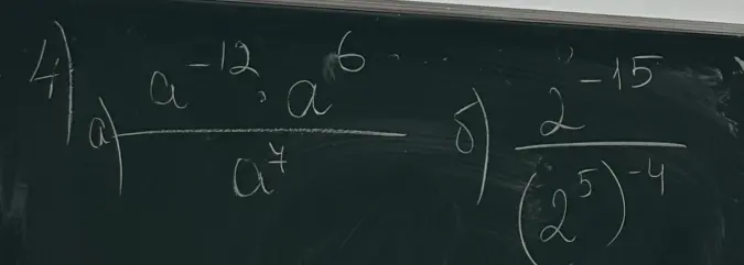 Реши примеры с дробями, содержащими степени: а) $\frac{a^{-12} \cdot a^{6}}{a^{4}}$, б) $\frac{2^{-15}}{(2^{5})^{-4}}$
