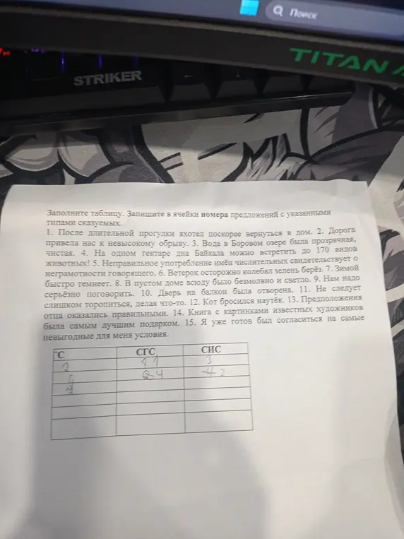 Заполни таблицу, записав номера предложений с указанными типами сказуемых.