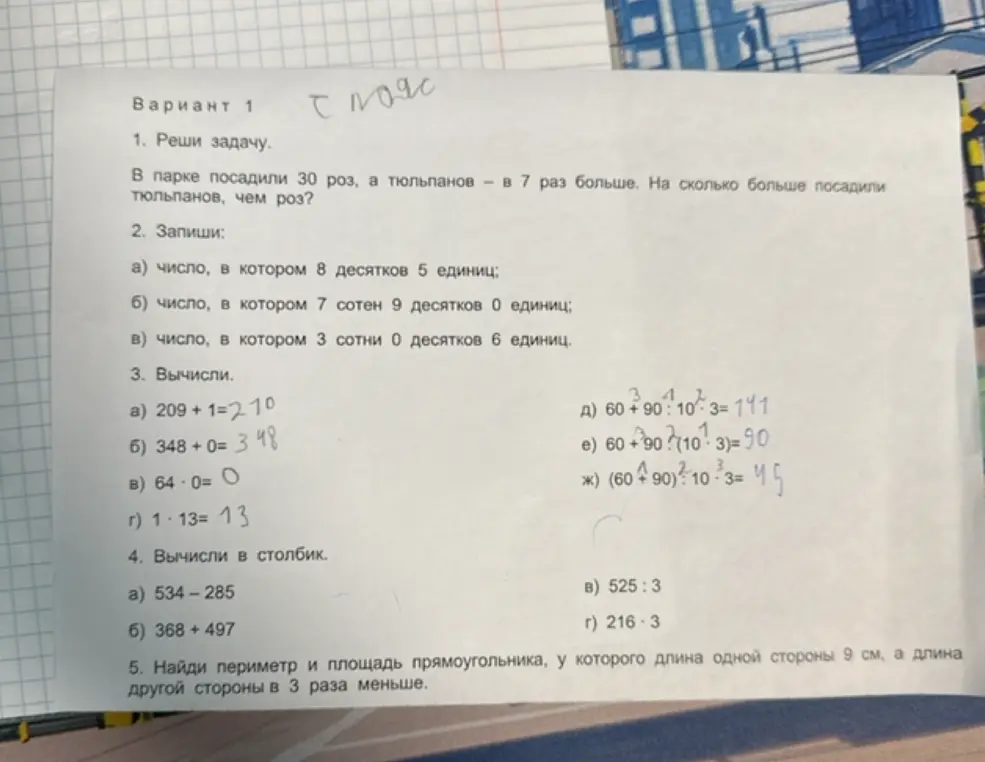 Реши задачу про розы и тюльпаны; запиши числа по описанию; вычисли выражения; вычисли столбиком; найди периметр и площадь прямоугольника.