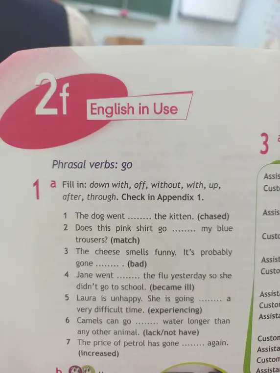 Заполни пропуски: down with, off, without, with, up, after, through.