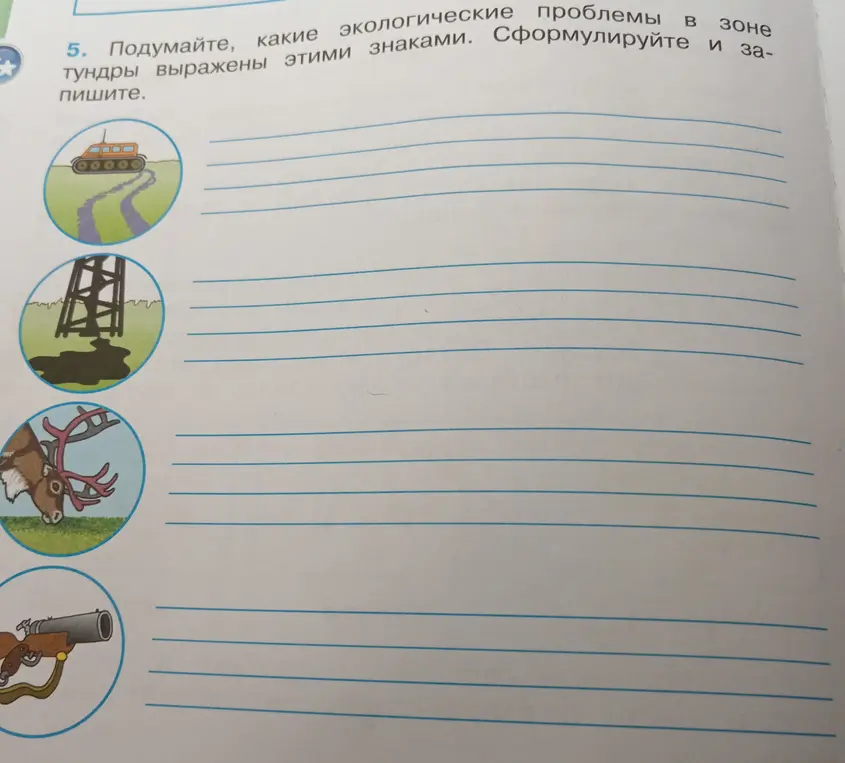 Определи, какие экологические проблемы в зоне тундры выражены знаками и запиши их.