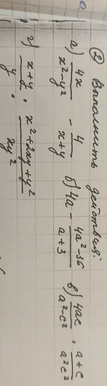 Выполни действия: а) 4x/(x²-y²) - 4/(x+y), б) 4a/(a+3) - (4a²-36)/(a+3), в) 4ac/(a²-c²) : (a+c)/(a²c²), г) (x+y)/(xy²) : (x²+2xy+y²)/(xy²).