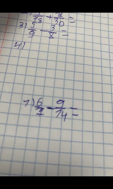 Вычисли значения выражений: 3) 5/9 - 3/8; 4) 6/7 - 9/14