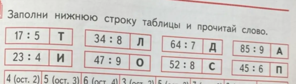 Заполни нижнюю строку таблицы и прочитай слово.