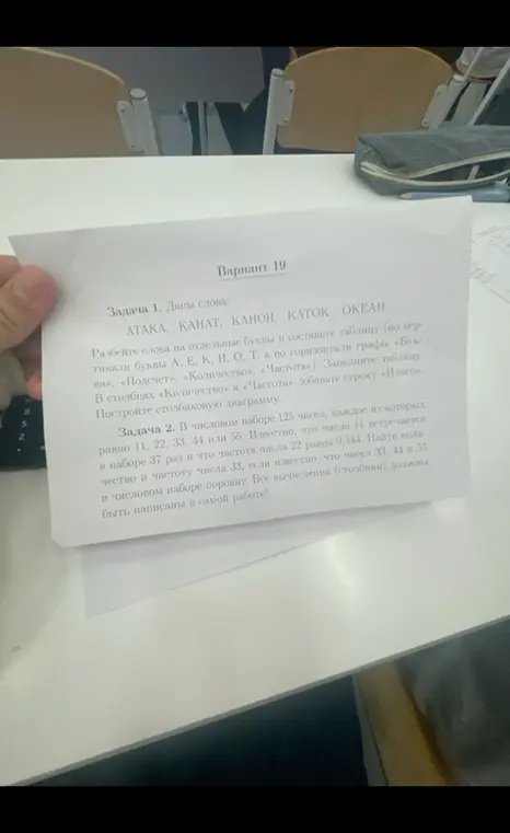 Разбей слова на отдельные буквы и составь таблицу, построй столбиковую диаграмму. Найди количество и частоту числа 33.