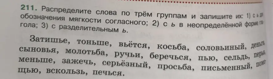 Распредели слова по трём группам: с мягким знаком для мягкости согласного, в неопределённой форме глагола и с разделительным мягким знаком.