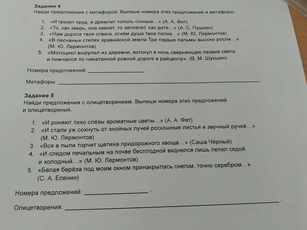 Найди предложения с метафорой и олицетворением, выпиши номера этих предложений и метафоры/олицетворения.