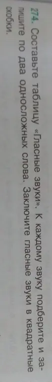 Составь таблицу «Гласные звуки». К каждому звуку подбери и запиши по два односложных слова. Заключи гласные звуки в квадратные скобки.