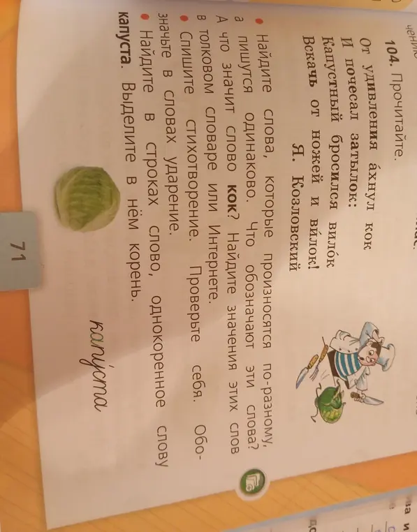 Найди слова, которые произносятся по-разному, а пишутся одинаково, что обозначают эти слова, что значит слово кок, спиши стихотворение, обозначь в словах ударение, найди в строках однокоренное слово капуста, выдели корень.