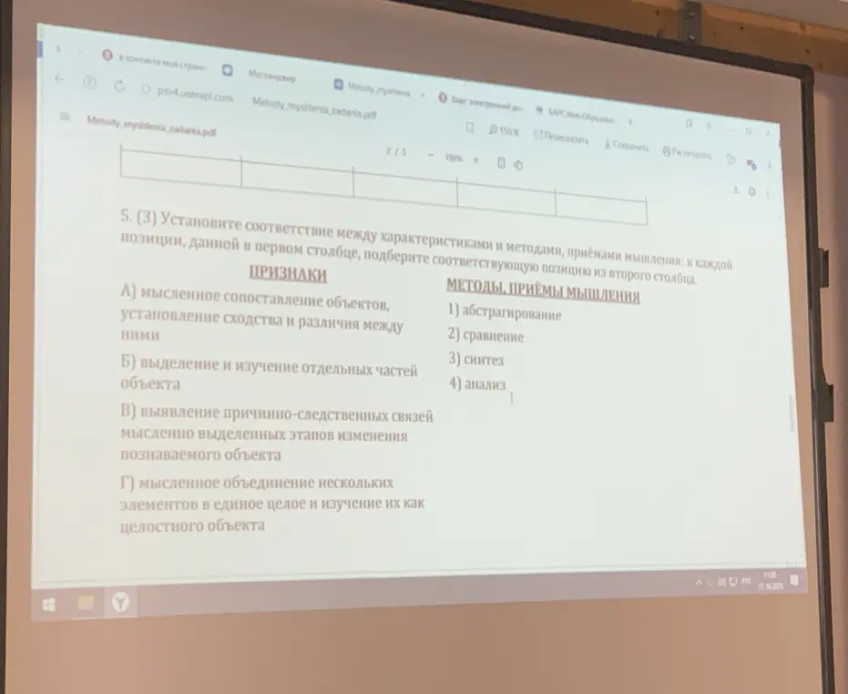 Установи соответствие между характеристиками и методами, приёмами мышления