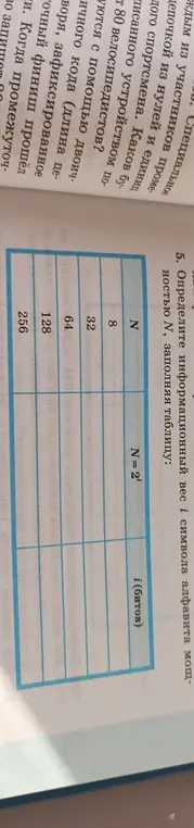 Определи информационный вес i символа алфавита мощностью N, заполняя таблицу.