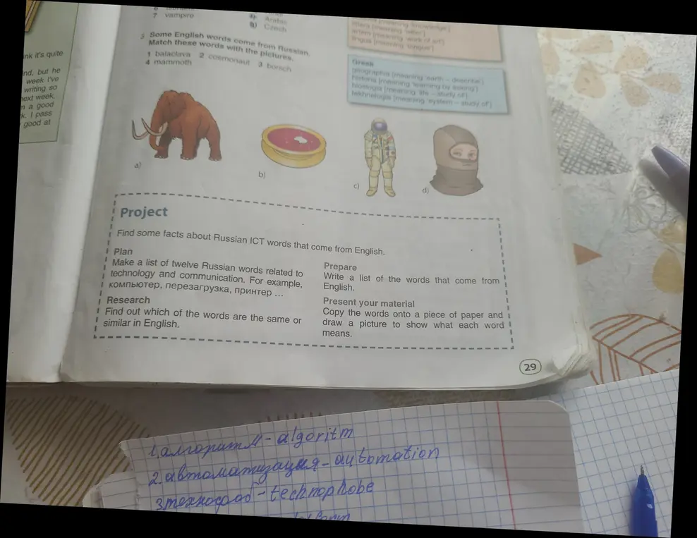 Сопоставь слова с картинками: 1 balaclava, 2 cosmonaut, 3 borsch, 4 mammoth.