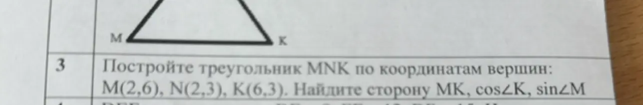Построй треугольник MNK по координатам вершин M(2,6), N(2,3), K(6,3). Найди сторону MK, cos∠K, sin∠M