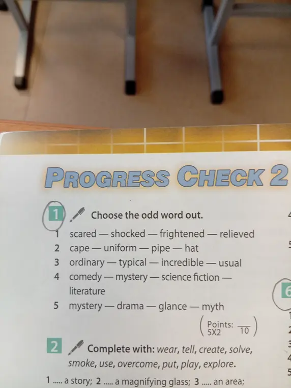 Выбери лишнее слово и заполни пропуски словами wear, tell, create, solve, smoke, use, overcome, put, play, explore.