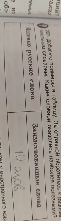 Добавь примеры в таблицу: исконно русские слова и заимствованные слова.