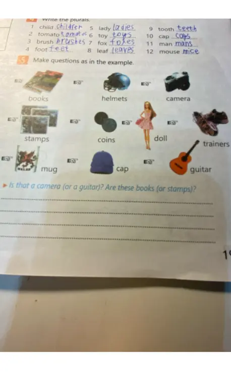 Составь вопросы по примеру: Is that a camera (or a guitar)? Are these books (or stamps)?
