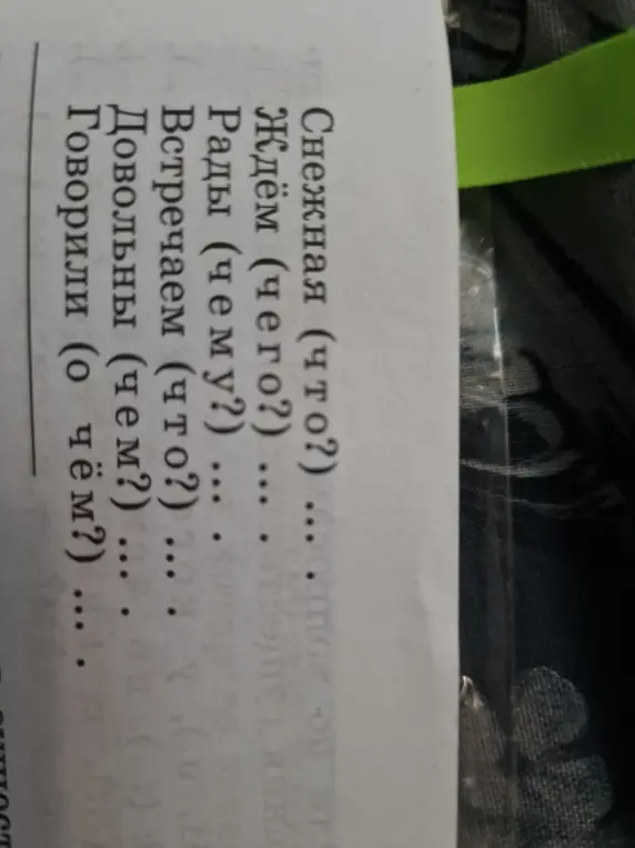 Определи падеж для слов: Снежная (что?), Ждём (чего?), Рады (чему?), Встречаем (что?), Довольны (чем?), Говорили (о чём?)