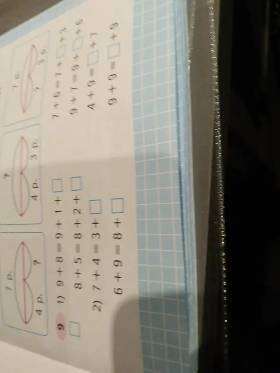 Реши примеры: 1) 9+8=9+1+; 2) 7+4=3+; 7+6=7+[]+3; 9+[]=9+[]+7; 4+9=4+[]+7; 9+[]=9+[]+6