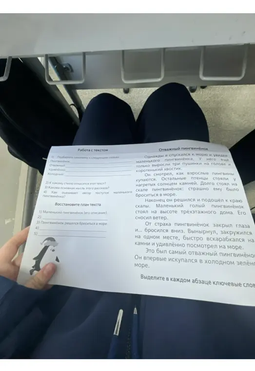Подбери синонимы к словам, определи стиль текста, основную мысль, оцени как автор оценивает поступок пингвиненка и восстанови план текста.